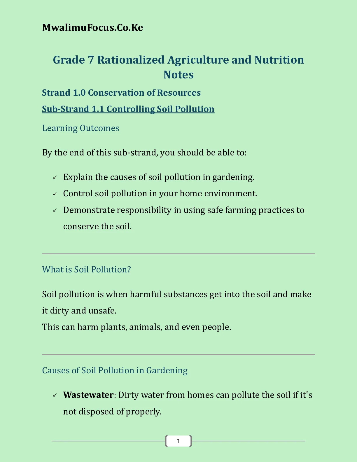 Grade 7 Agriculture and Nutrition Strand 1 Conservation of Resources Notes — Page 1 Sample
