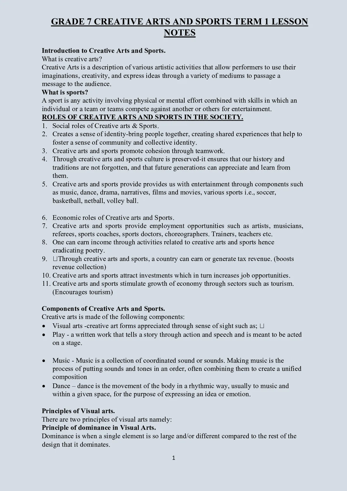 Grade 7 Rationalized Creative Arts and Sports Lesson Notes Term 1 — Page 1 Sample