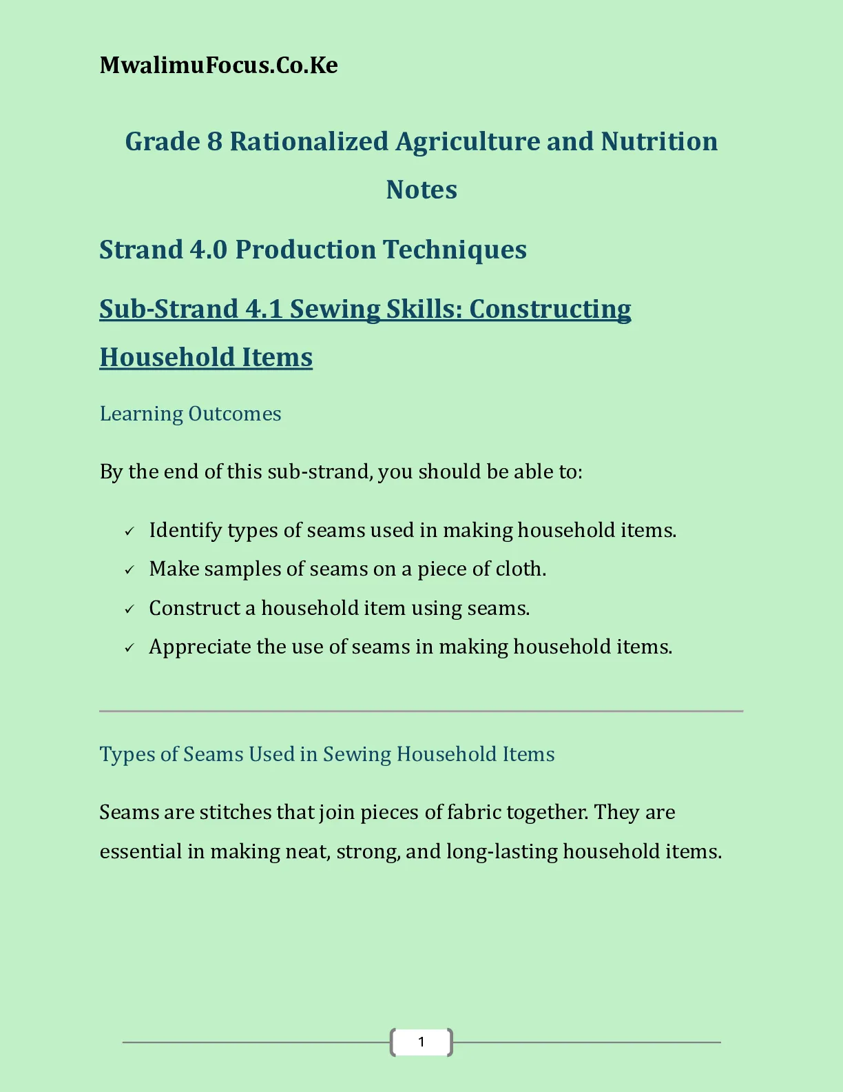 Grade 8 Agriculture and Nutrition Strand 4 Production Techniques Notes — Page 1 Sample