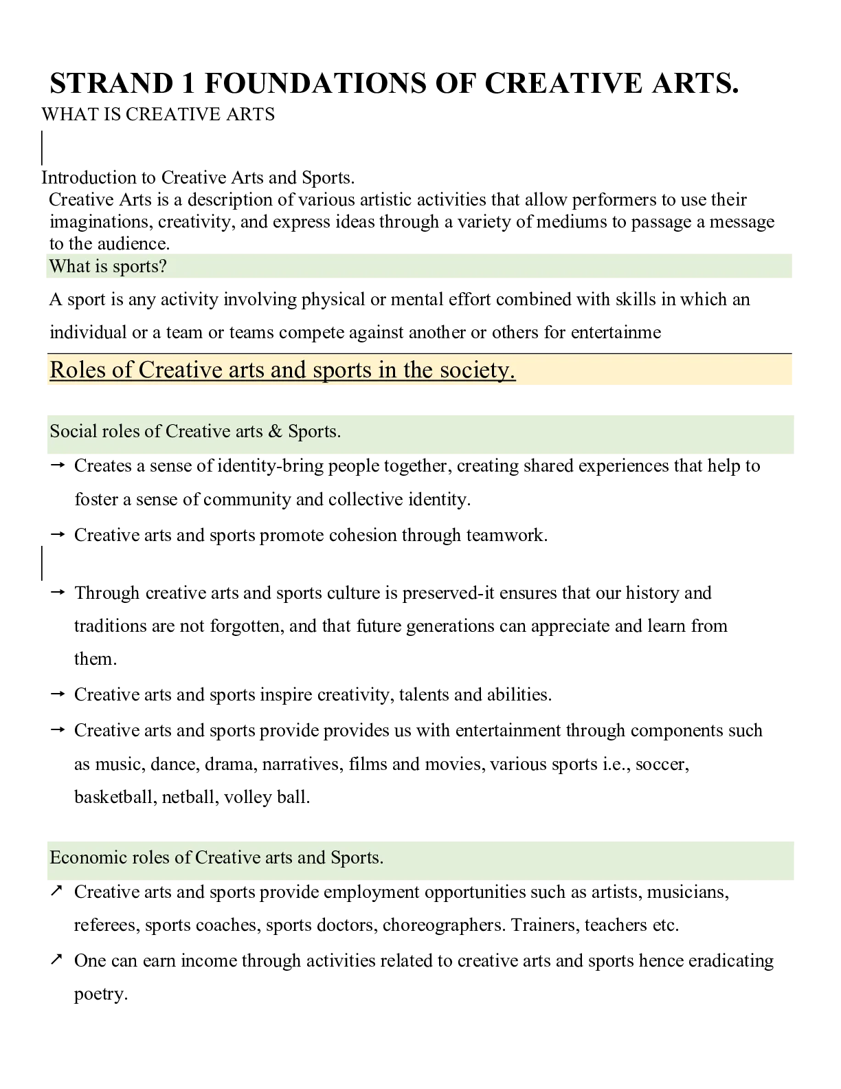 Grade 8 Creative Arts Sports Rationalized Notes — Page 1 Sample