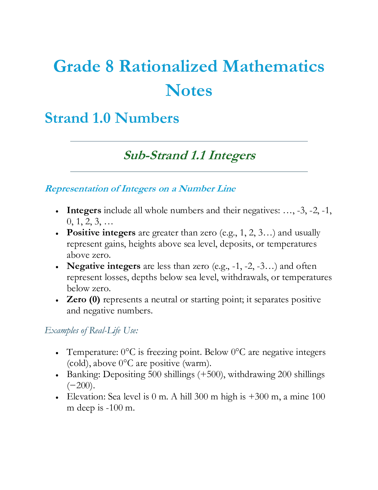 Grade 8 Rationalized Mathematics Strand 1 Numbers Notes — Page 1 Sample