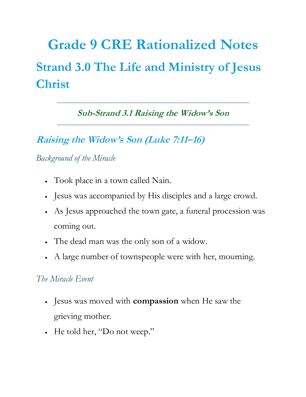 Grade 9 CRE Rationalized Strand 3 the Life and Ministry of Jesus Christ Notes — Page 1 Sample