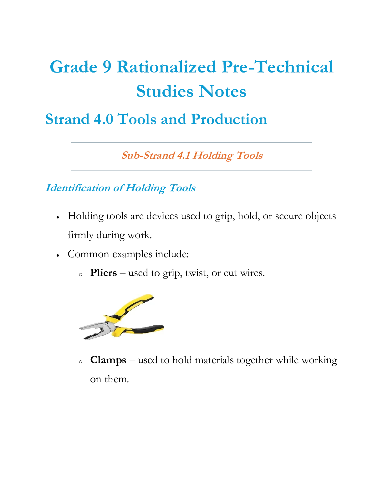 Grade 9 Rationalized Pre Technical Studies Strand 4 Tools and Production Notes — Page 1 Sample