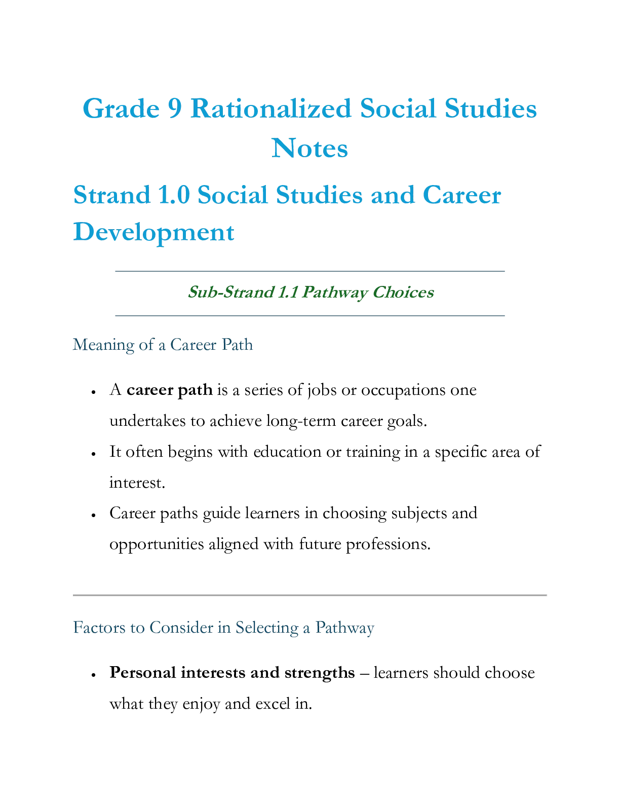 Grade 9 Rationalized Social Studies Strand 1 Social Studies and Career Development Notes — Page 1 Sample
