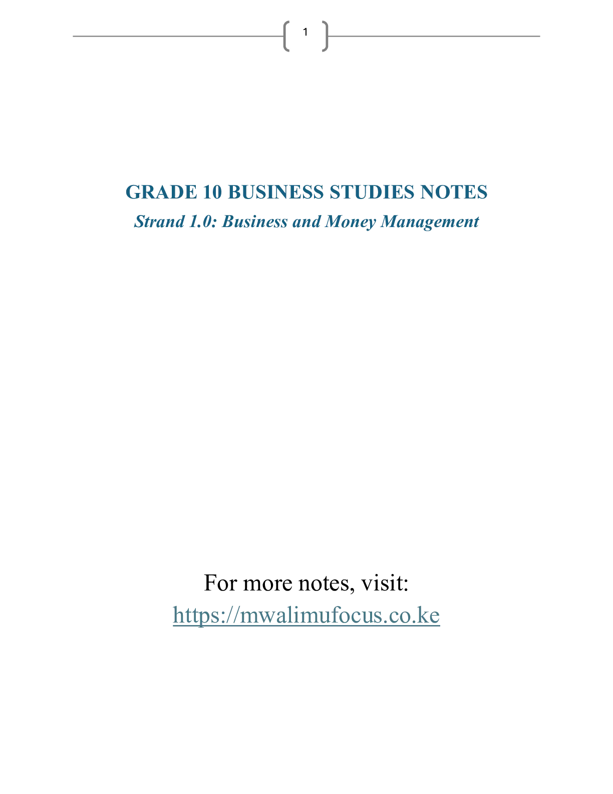 Grade 10 Business Studies Strand 10 Business and Money Management Notes — Page 1 Sample