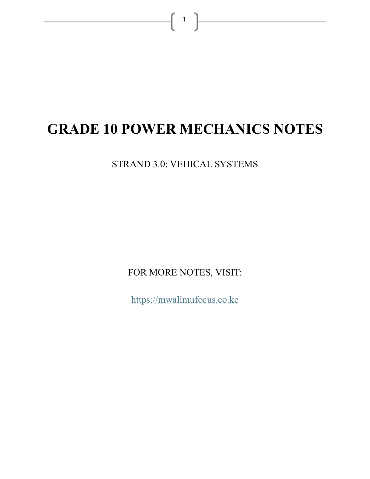 Grade 10 Power Mechanics Strand 3 Vehicle Systems Notes — Page 1 Sample