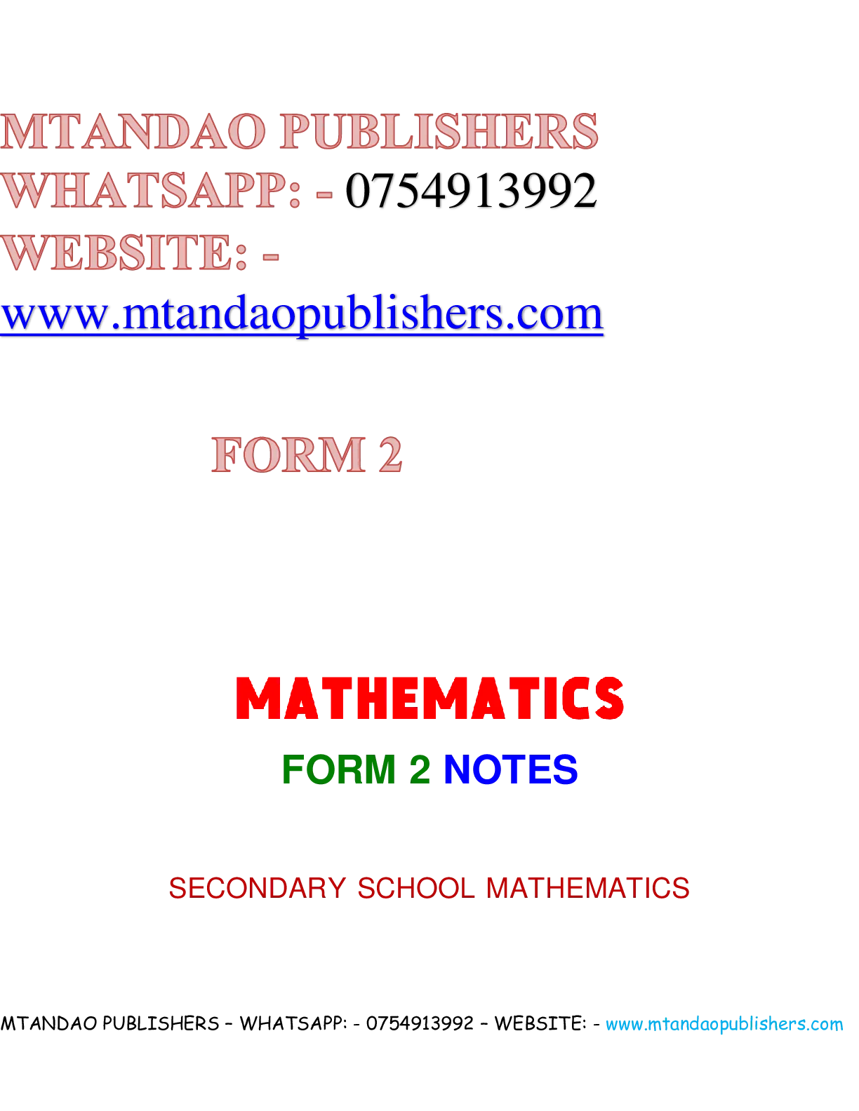Maths Form 2 Notes — Page 1 Sample