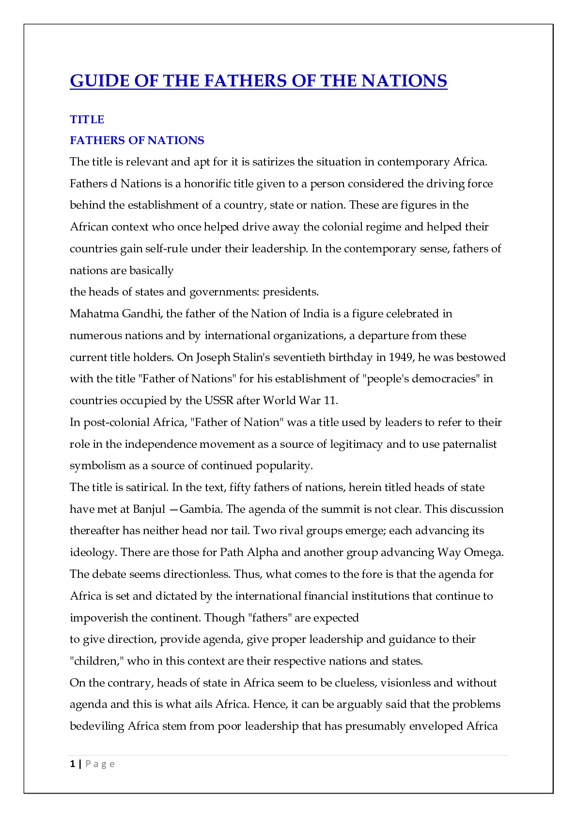 Fathers of Nations Summary Notes — Page 1 Sample